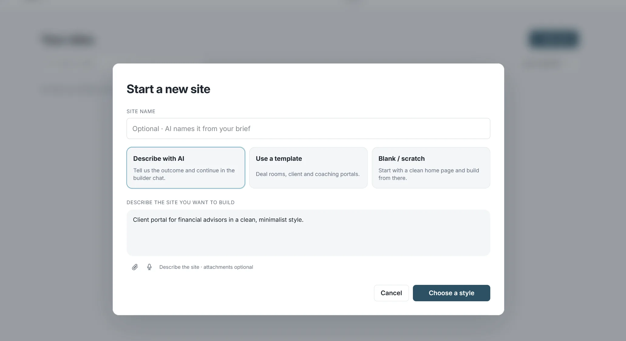 The Start a new site dialog with the Describe with AI, Use a template and Blank options and a site brief