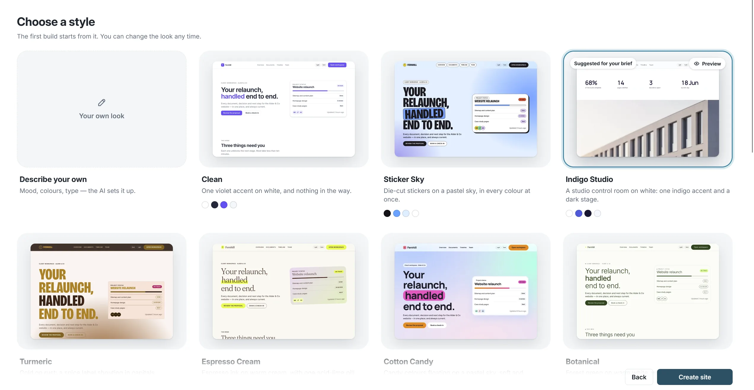 The Choose a style screen with style previews such as Clean, Sticker Sky and Indigo Studio