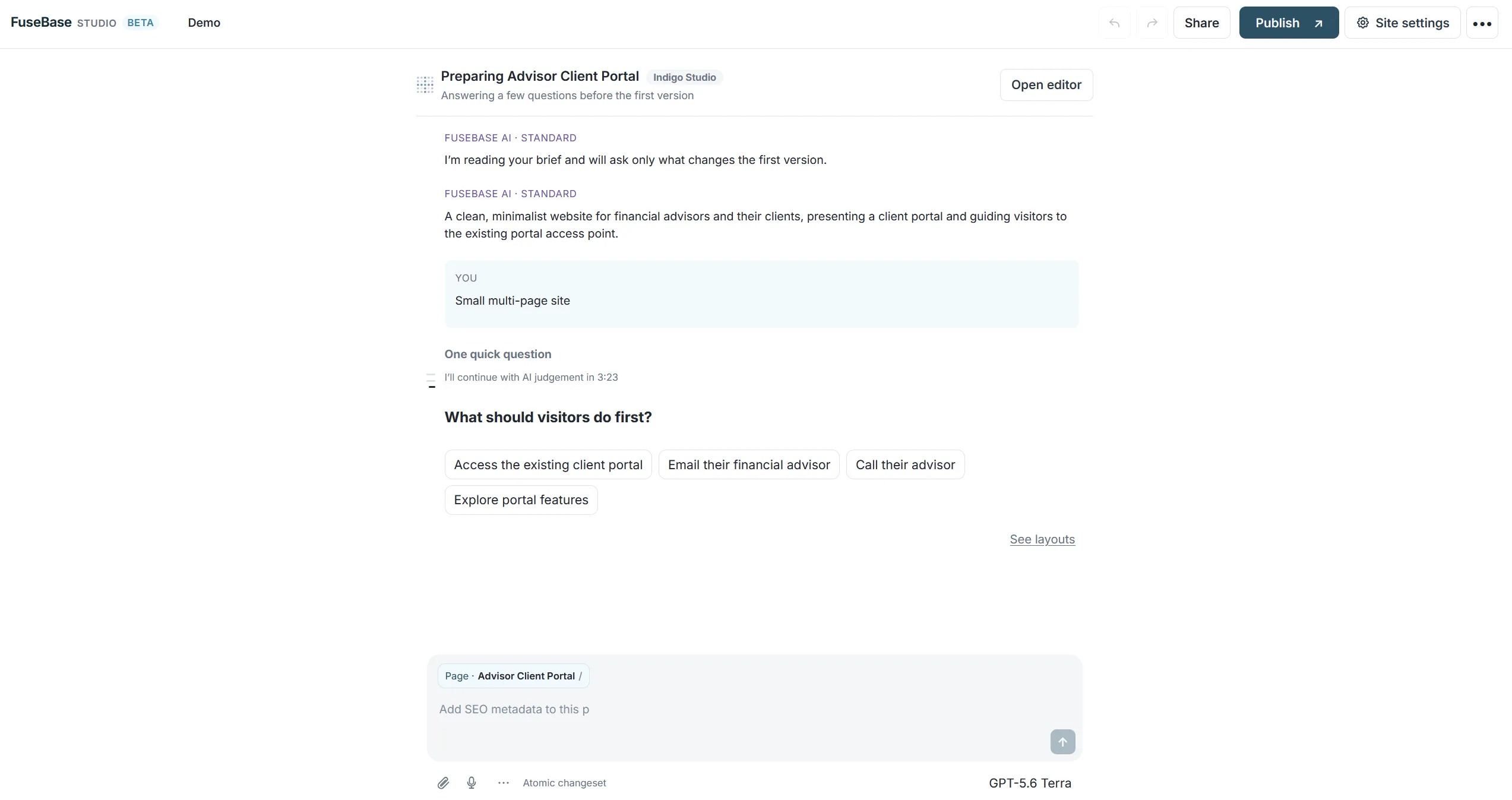 The AI agent asking what visitors should do first before it builds an advisor client portal