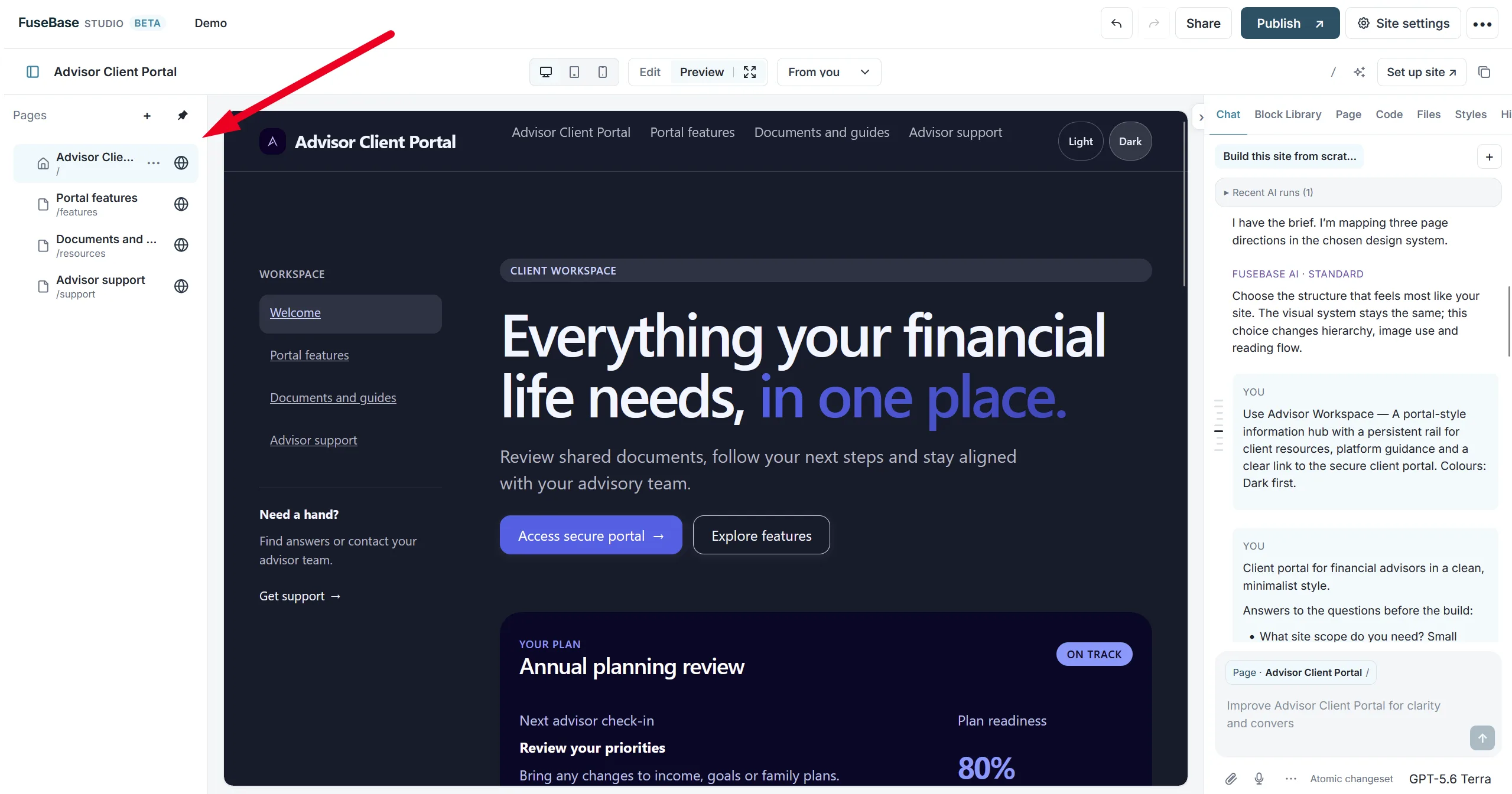 The Pages panel on the left of the builder listing the site's pages