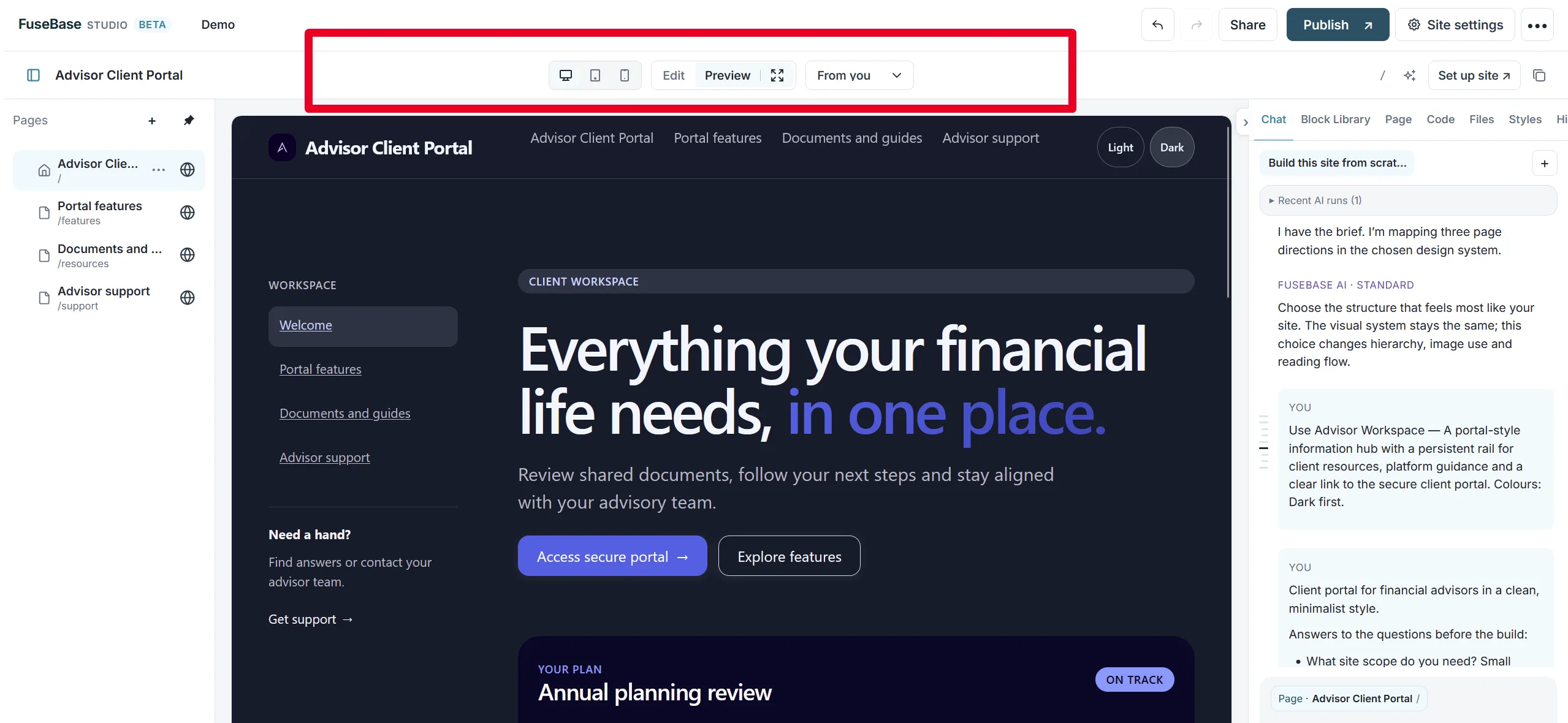 The screen-size and Edit or Preview switches above the site in the builder