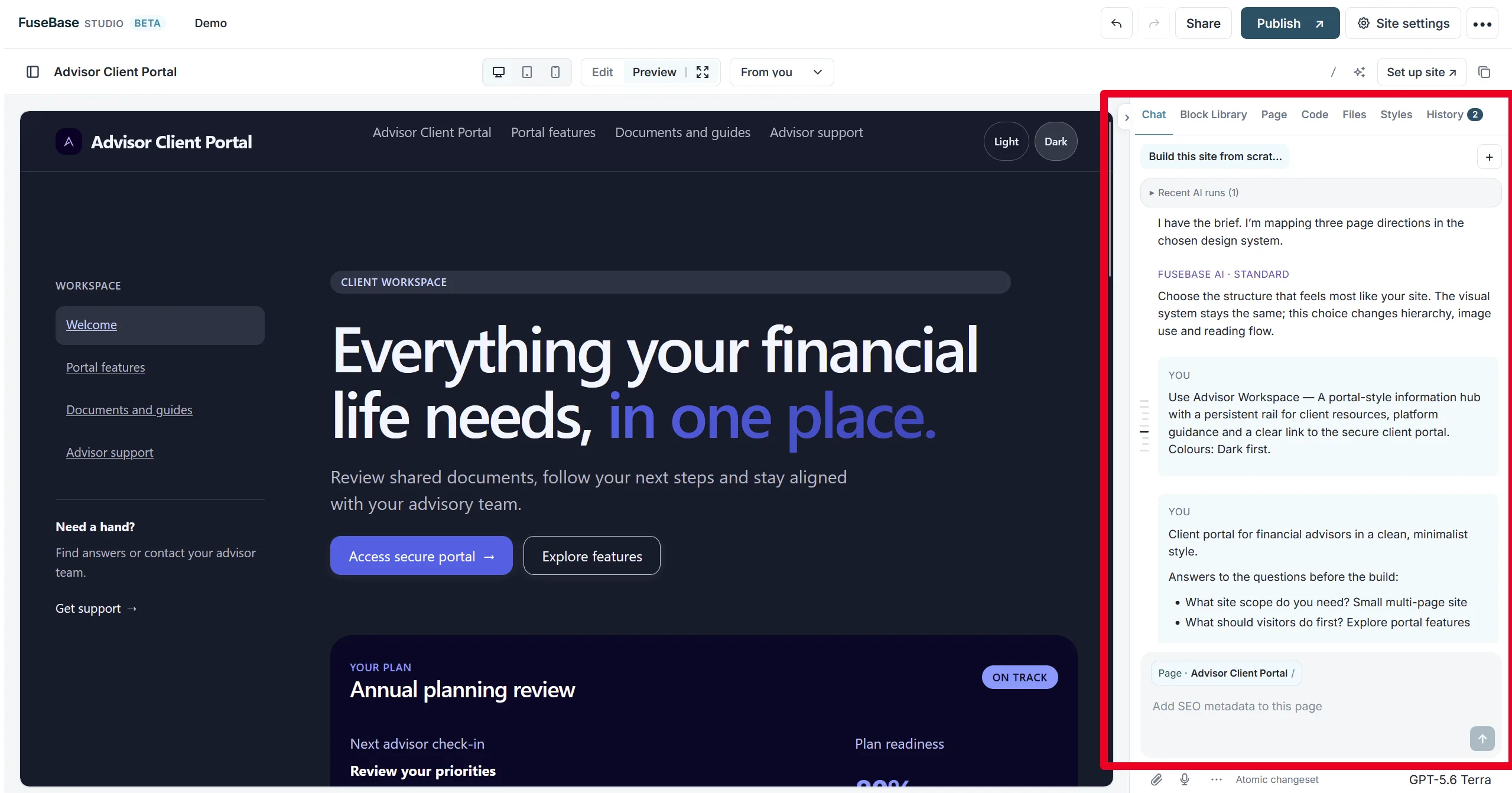 The builder side panel with the Chat, Block Library, Page, Code, Files and Styles tabs
