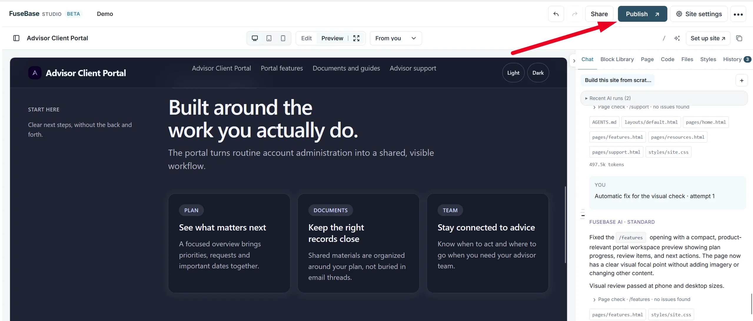 The Publish button at the top of the builder