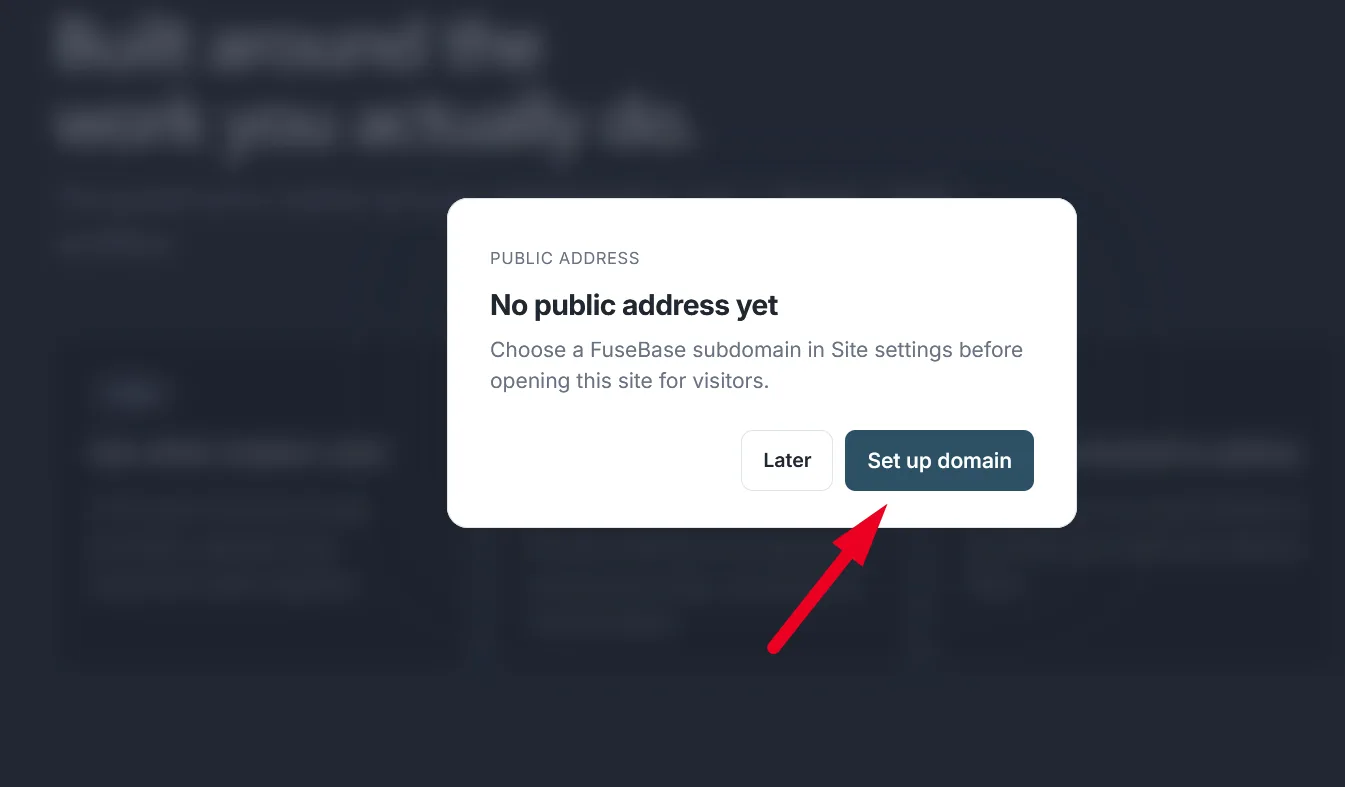 The No public address yet dialog with the Set up domain button