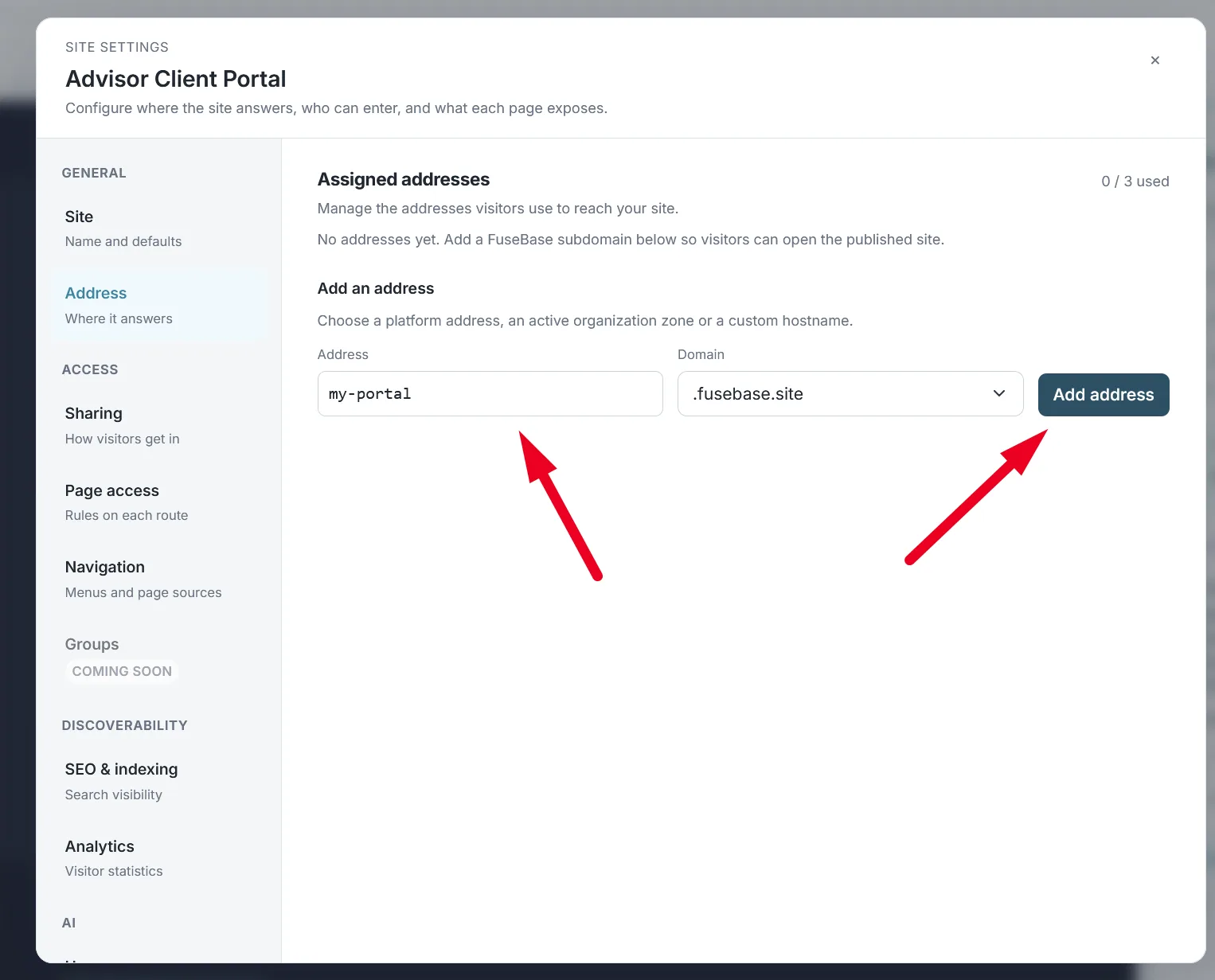 The Address section of Site settings with an address field, a domain menu and the Add address button