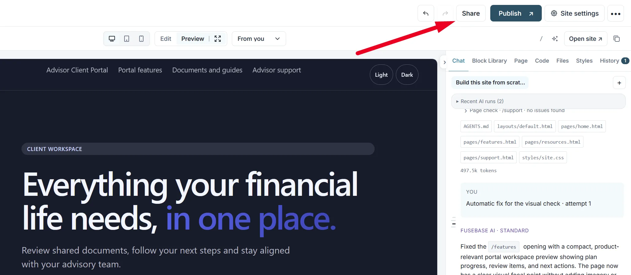The Share button at the top of the builder