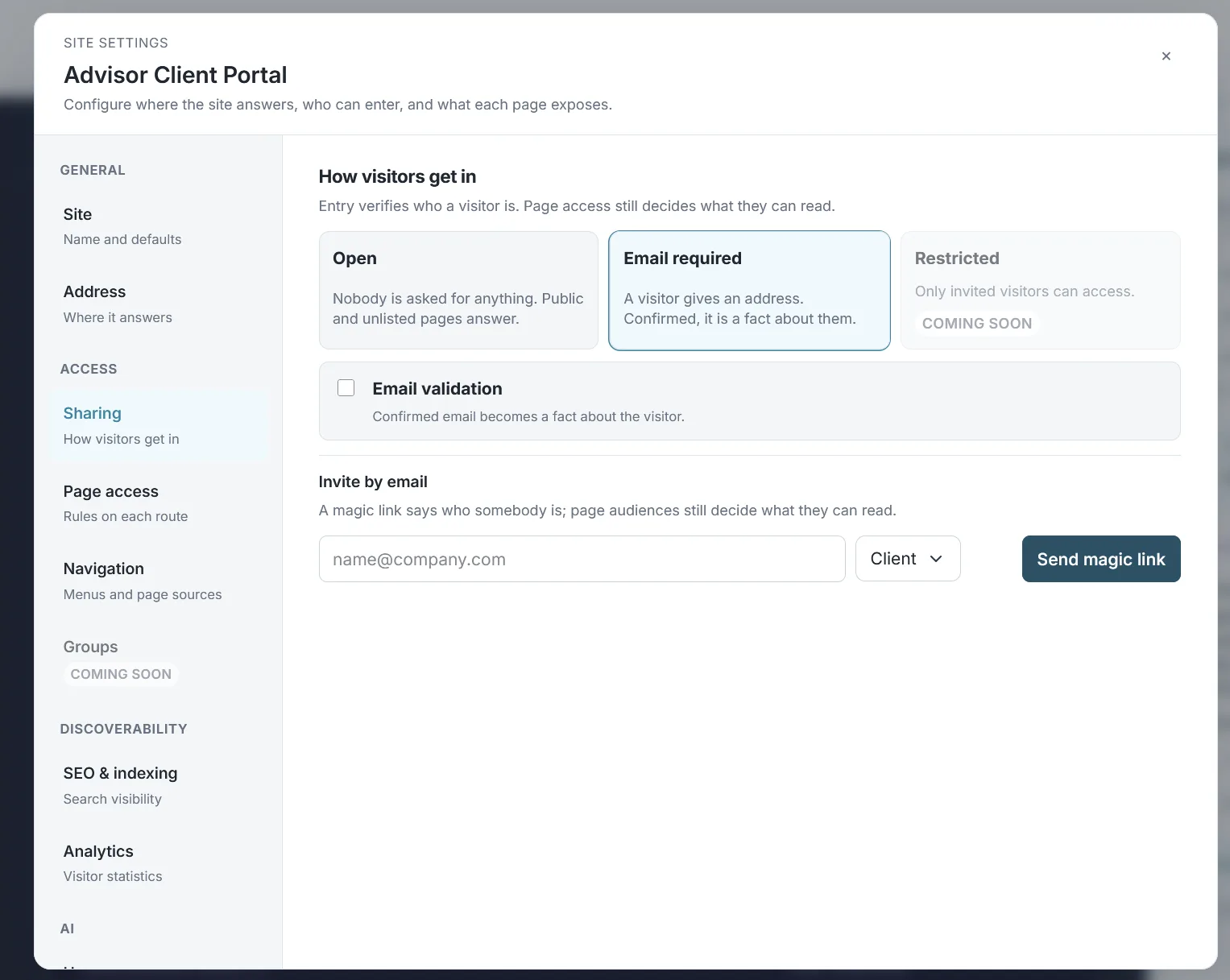 The Sharing settings with the Open, Email required and Restricted options and an email validation checkbox