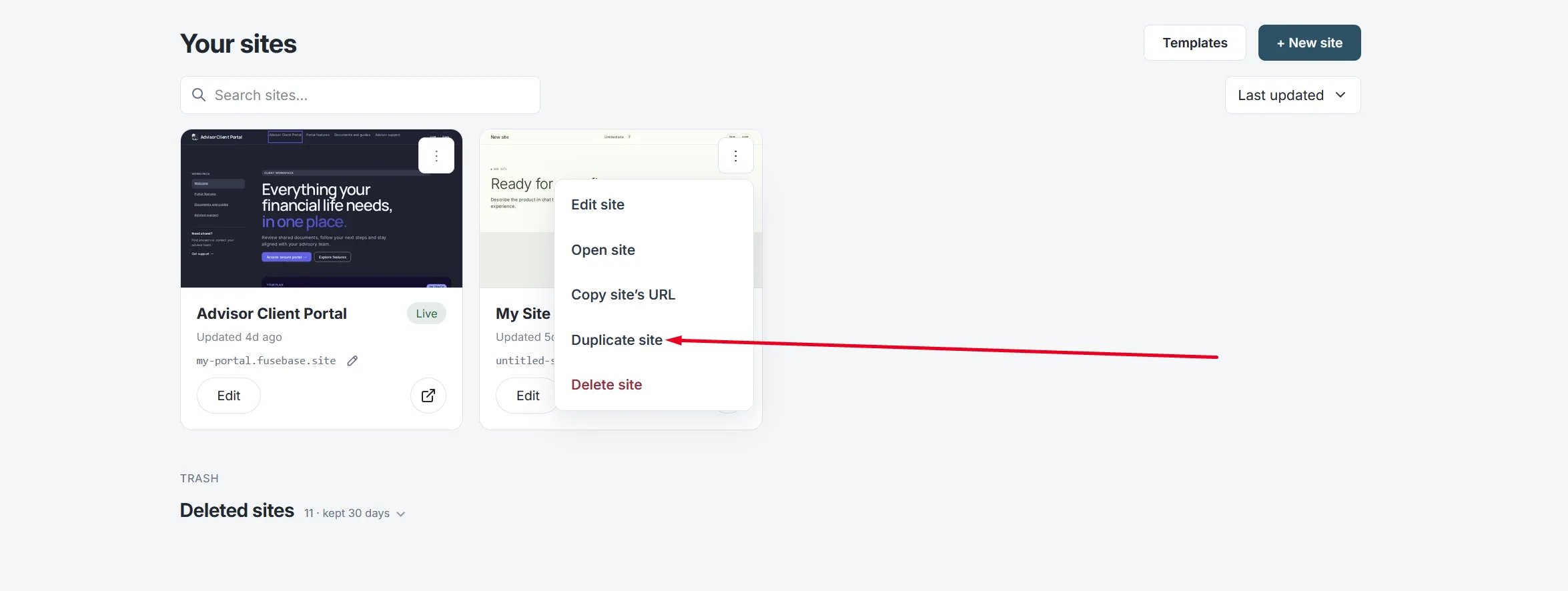The site menu in Your sites with the Duplicate site option
