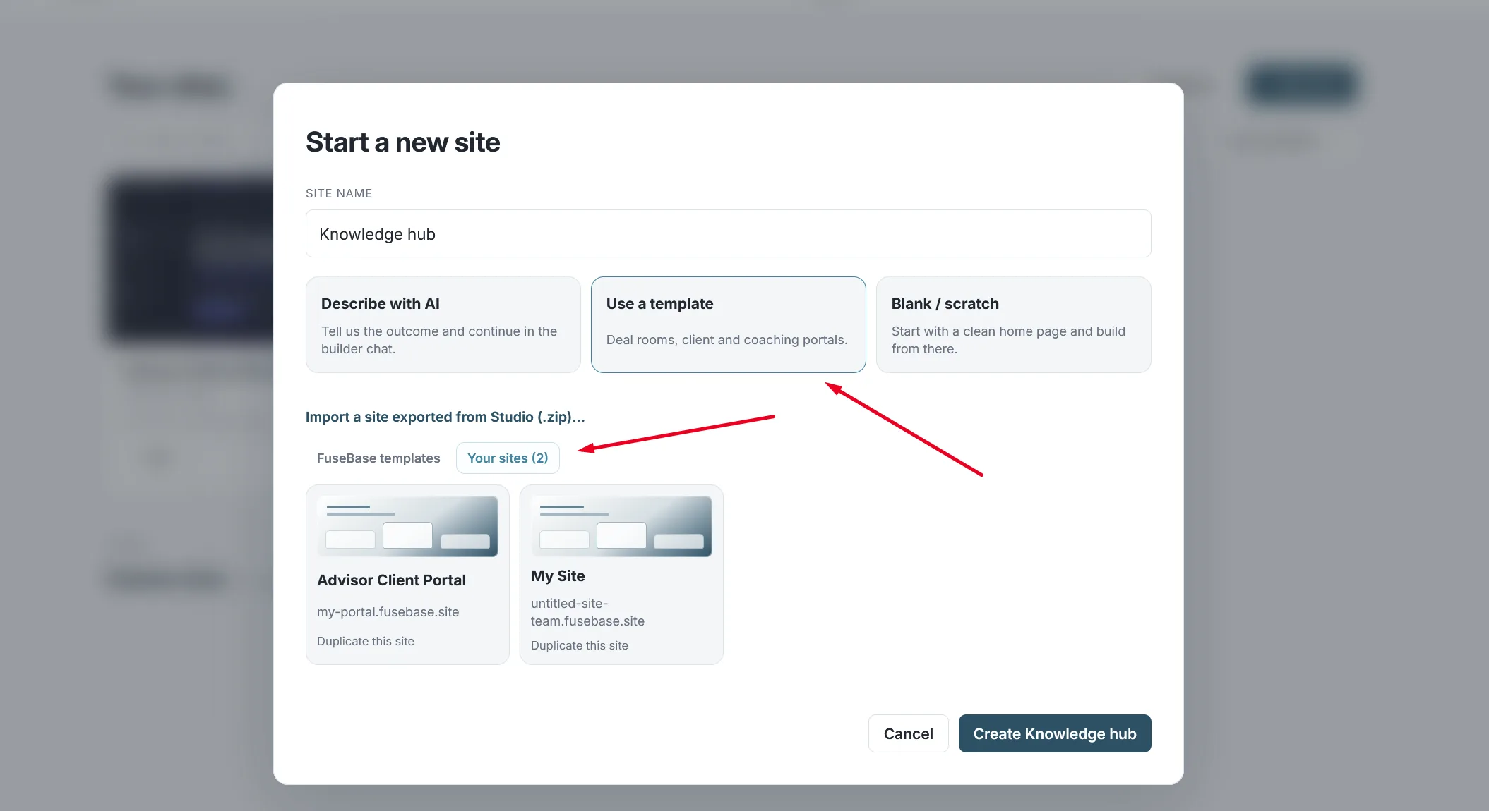 The Use a template option in the Start a new site dialog with the Your sites tab