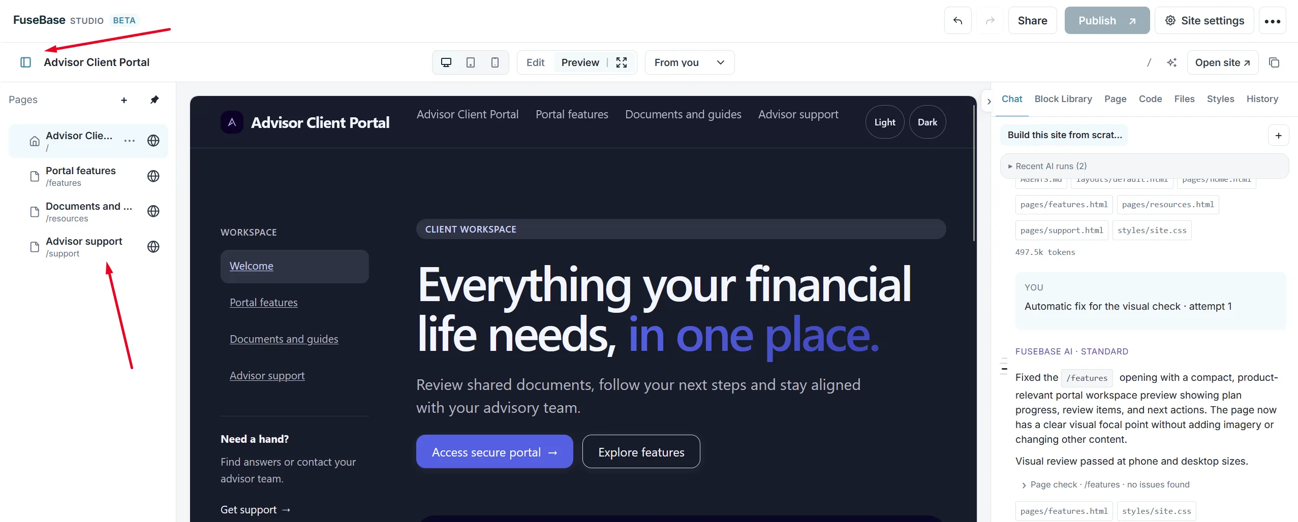 The panel icon next to the site name and the list of pages in the Pages panel