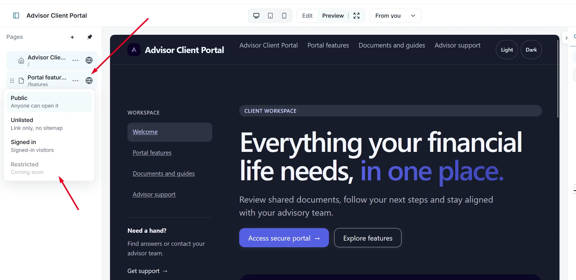 The page access menu with the Public, Unlisted, Signed in and Restricted options