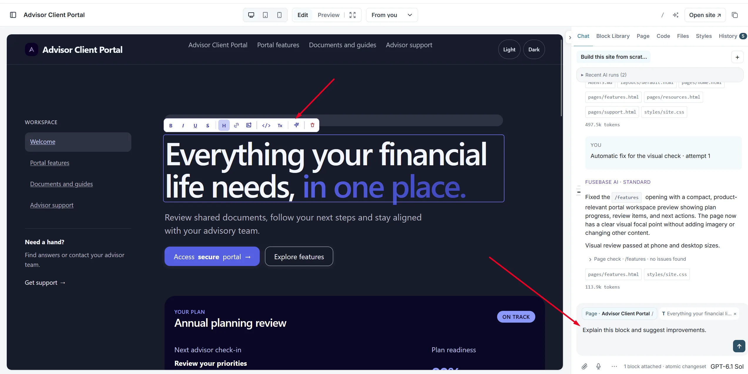 A selected heading block with the AI icon in its toolbar and a request in the chat panel