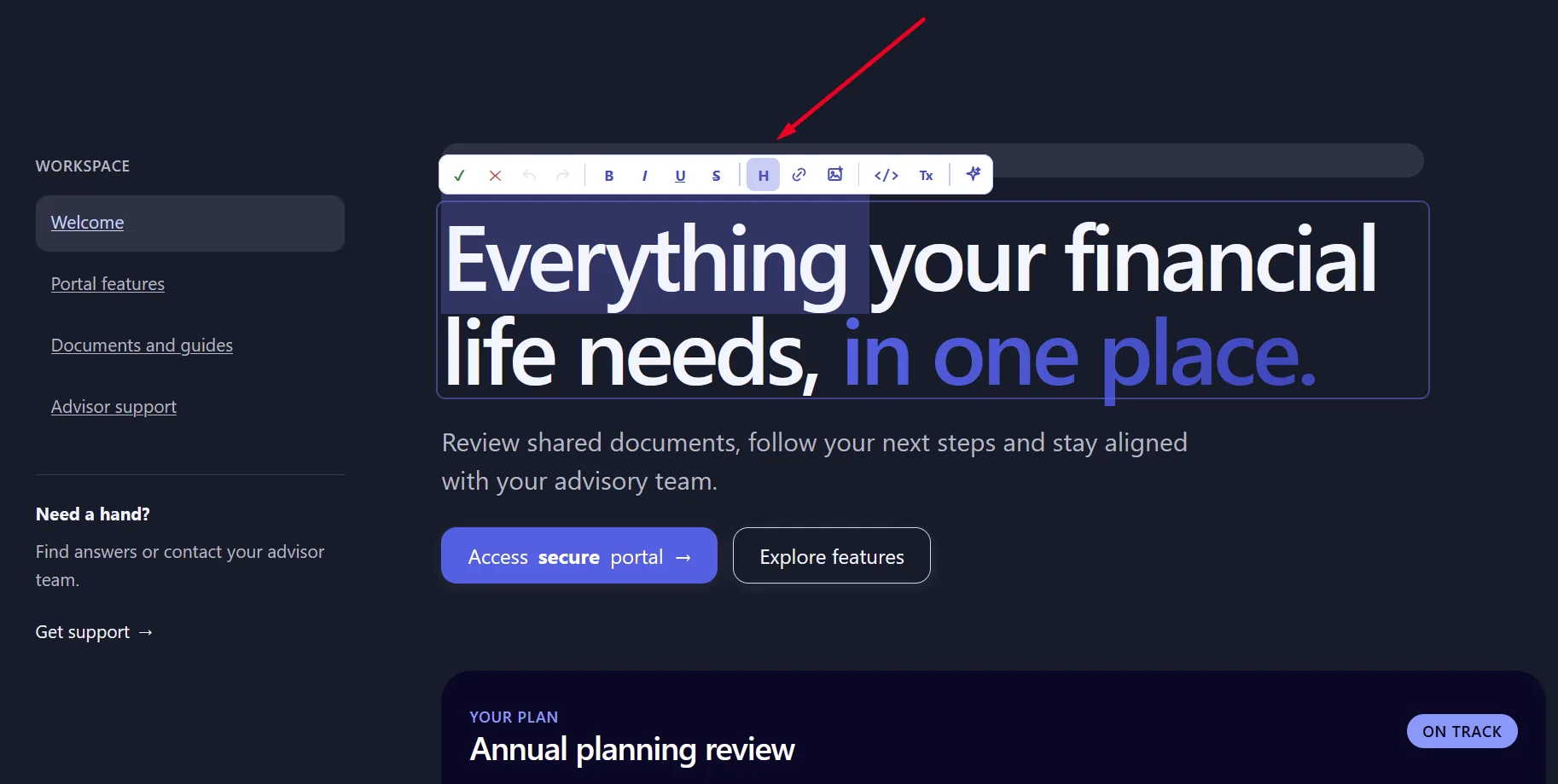 The block toolbar with formatting, link and image buttons above a selected heading