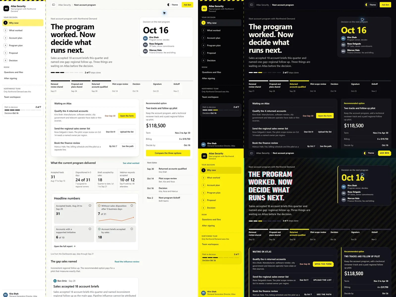 Demand generation renewal deal room: Signal (Light) theme on the left, Night city (Dark) top right and Cyberpunk (Futuristic) bottom right