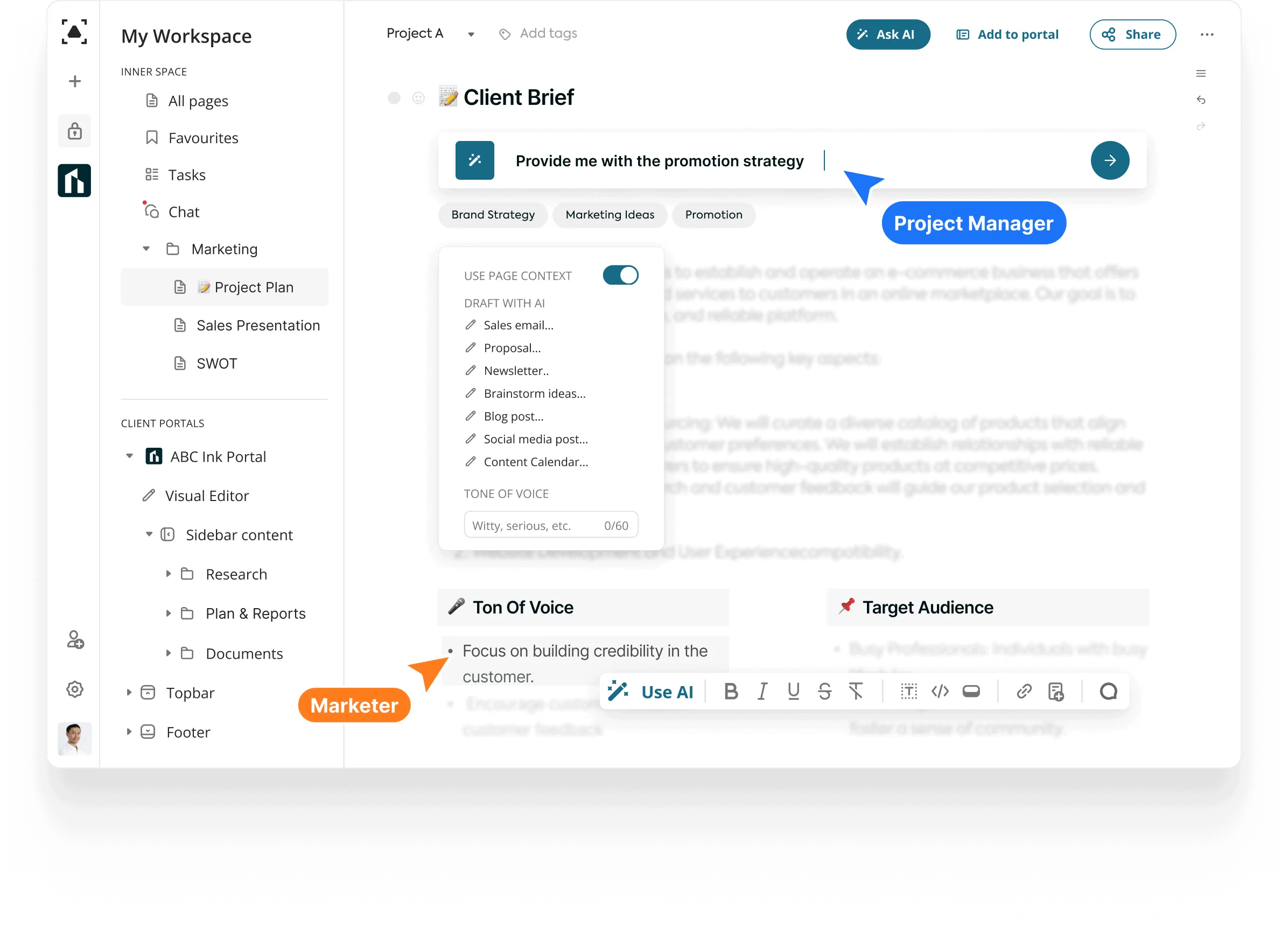 FuseBase page with the AI assistant menu open beside a document