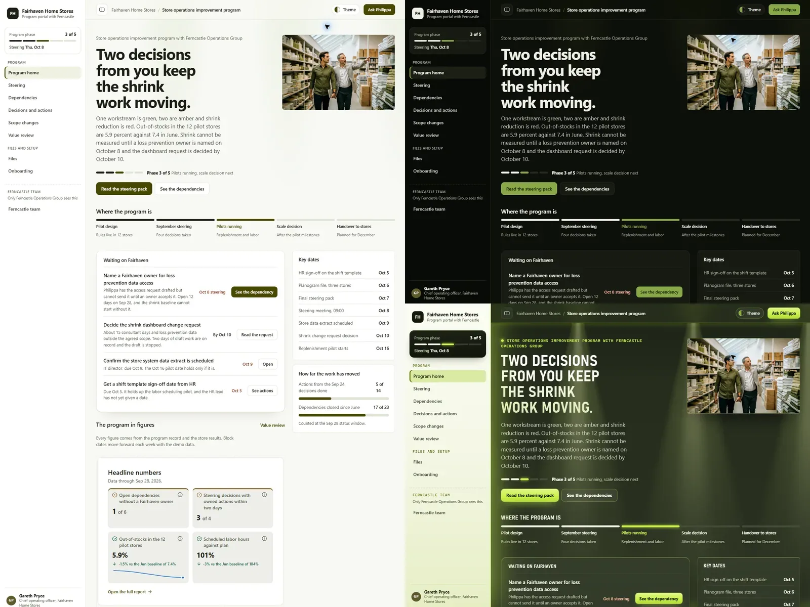 PMO program client portal: Chalk (Light) theme on the left, Night plan (Dark) top right and Night aisle (Futuristic) bottom right