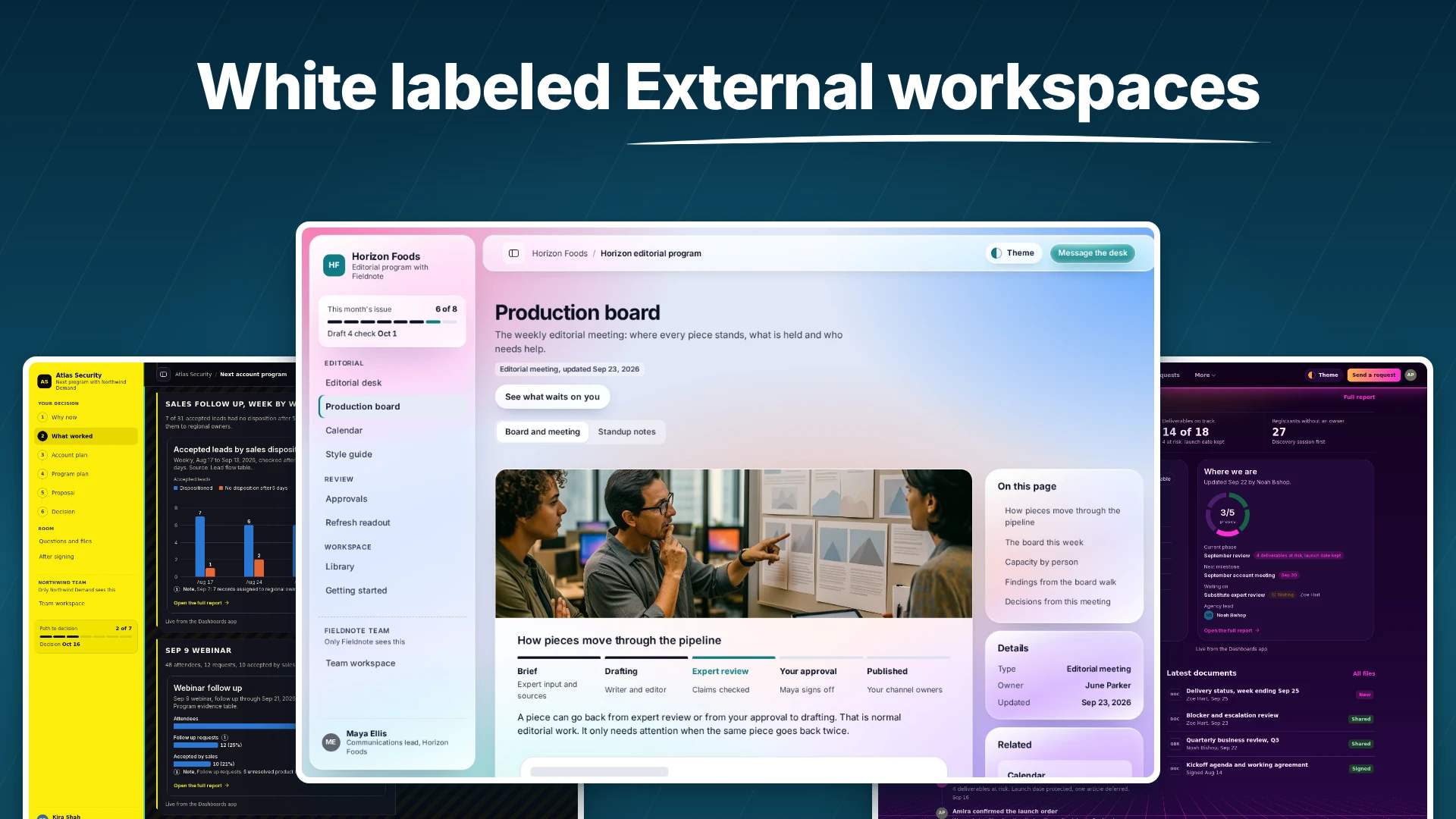 Branded FuseBase client portals showing shared work, results, approvals, and next steps.