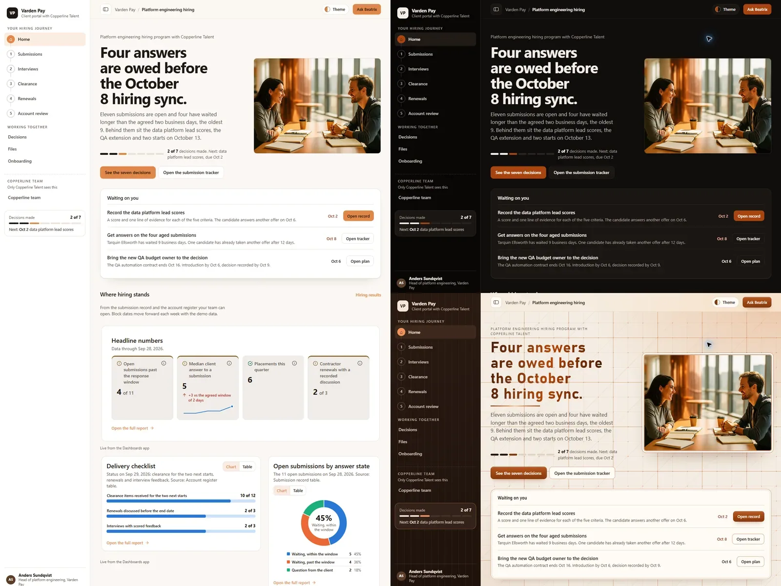 Staffing agency hiring portal: Bench (Light) theme on the left, Night shift (Dark) top right and Copperplate (Futuristic) bottom right