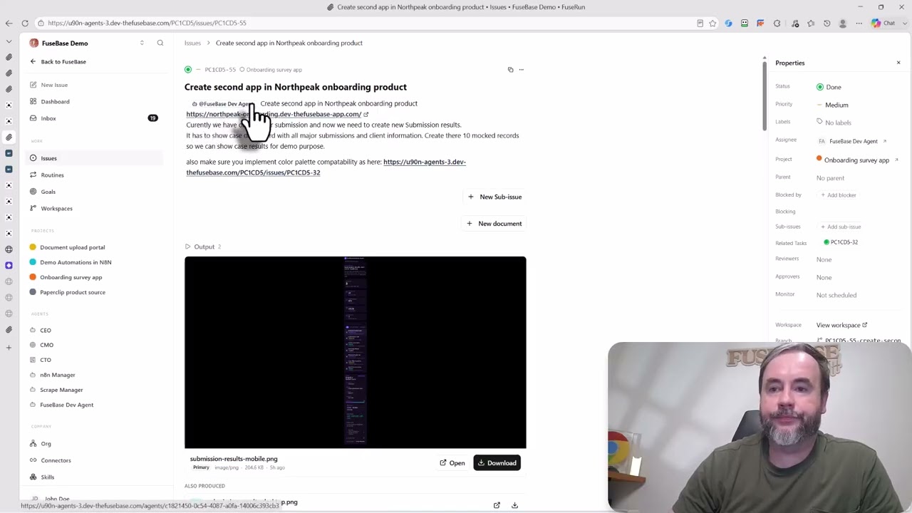 FuseBase Work issue view with an AI dev agent's output, from the demo video