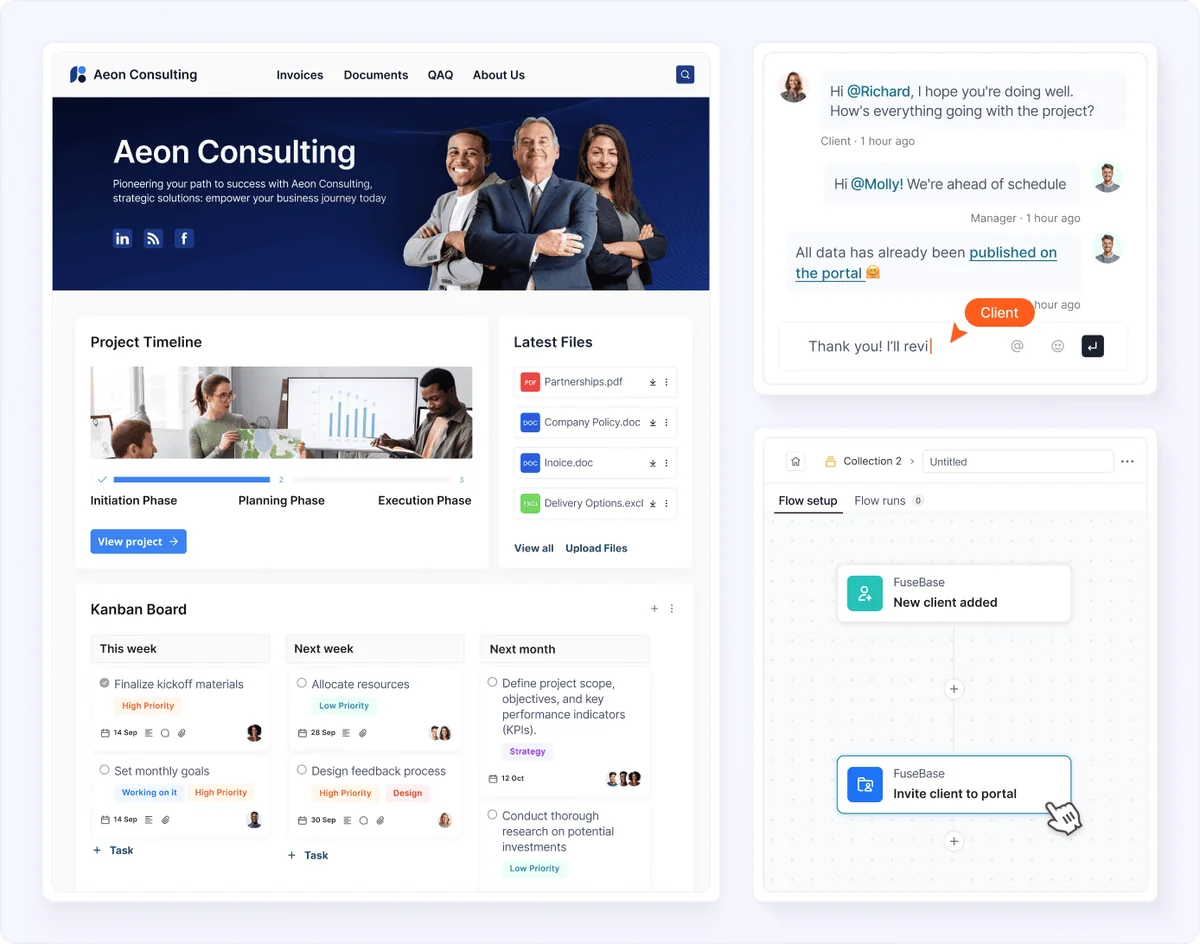 Beispiel eines Kundenportals für Beratung mit Projektzeitplan, neuesten Dateien, Kanban-Board, Kundenchat und einem Automatisierungsablauf