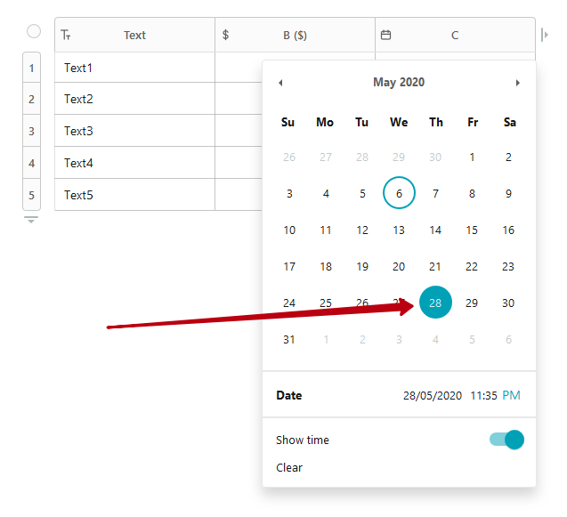 You can set the date using the calendar. The date format can be chosen in the column settings.