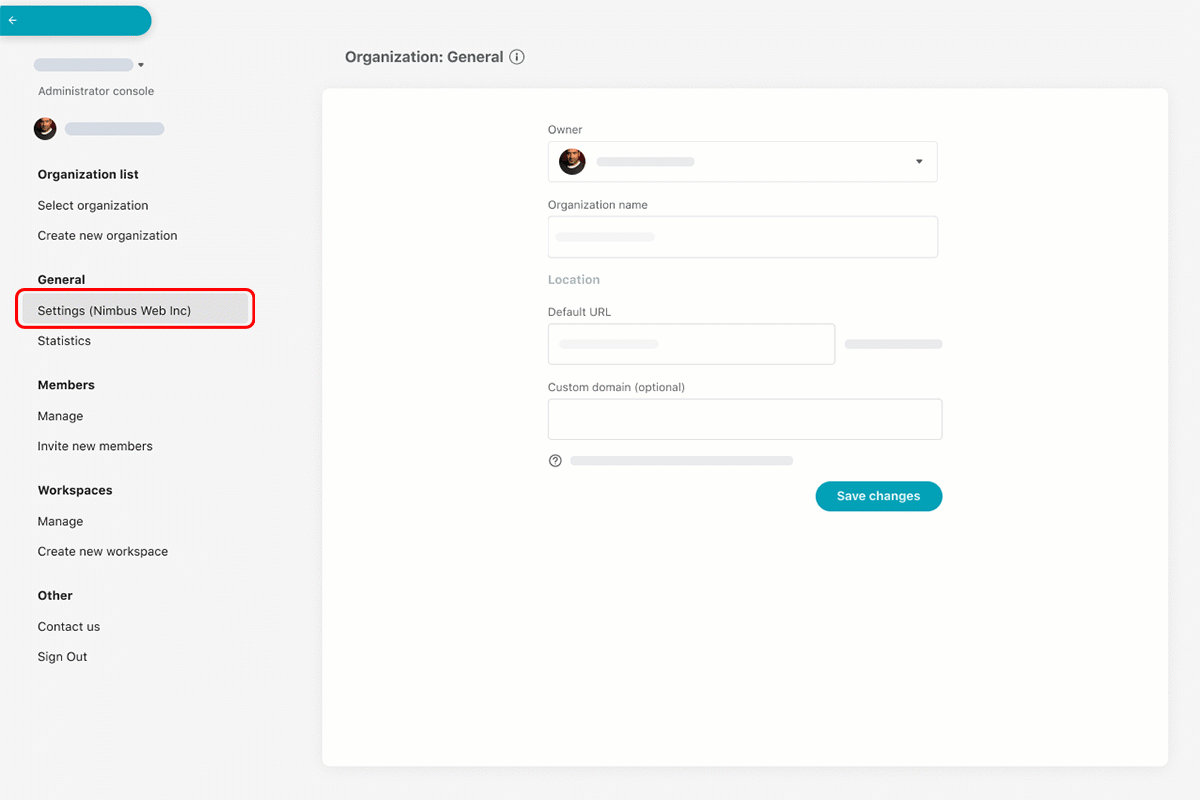 Nimbus Business/Teams, unlike Personal accounts, have a higher level of management, which can be accessed in the Organization Console.