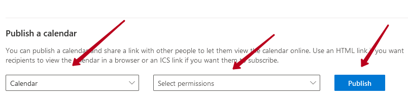 Select the calendar that you want to add to the page, then choose the desired permission level and click on Publish