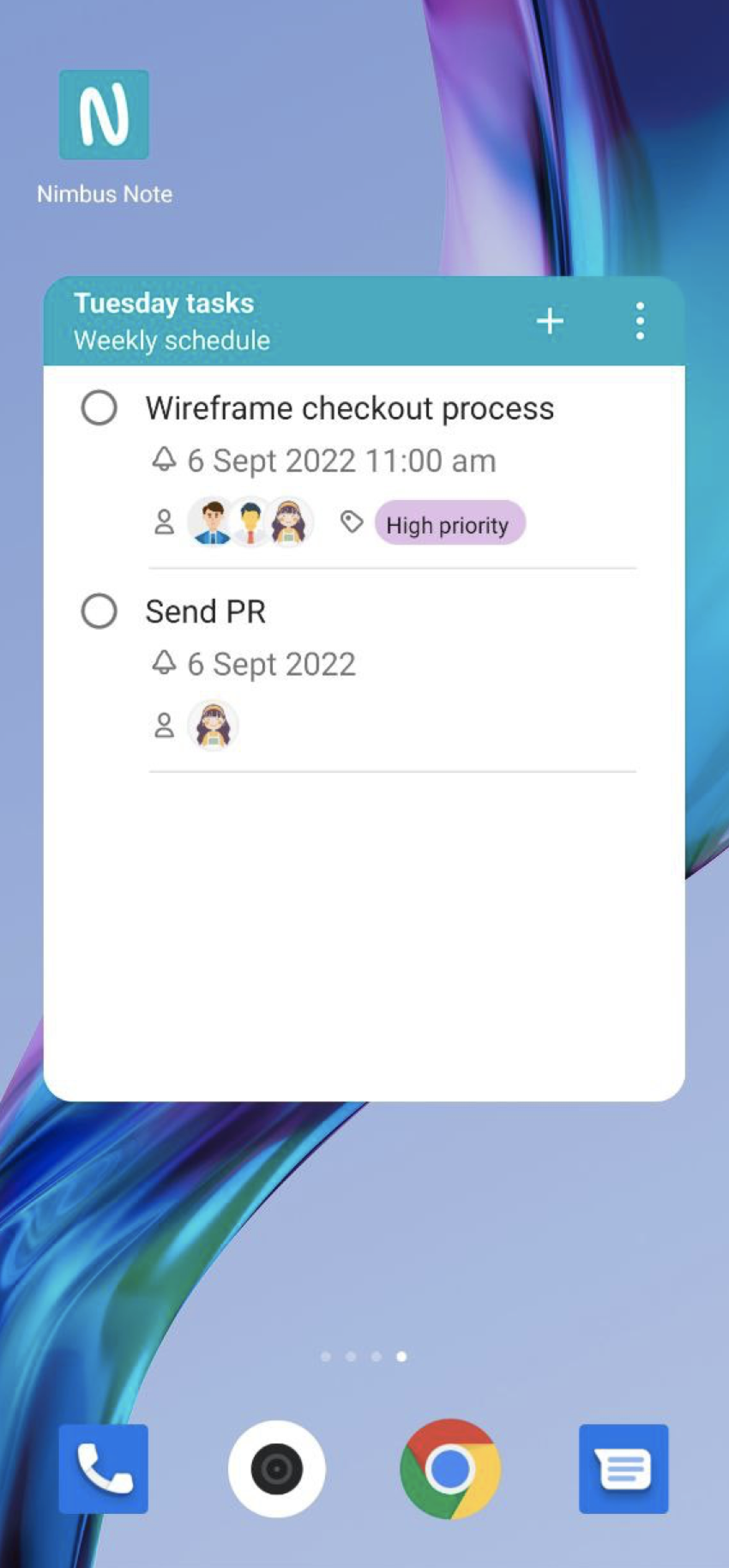 Large task list widget allows to view tasks from the selected task list, as well as immediately mark tasks as completed and create new tasks.