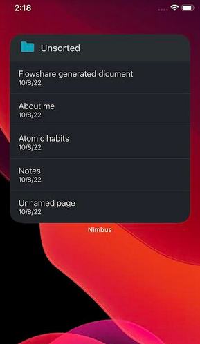 The notes list widget allows you to view a list of notes from any folder, as well as quickly navigate to a note by tapping on it.