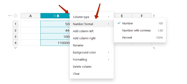 You can enter data in the form of numbers in the column cells.