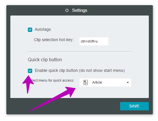 In Settings, enable quick clip button and select Article from the drop-down menu.