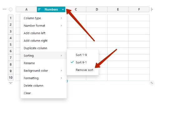 Open the menu of the column being sorted and select Disable sorting in the sorting menu.