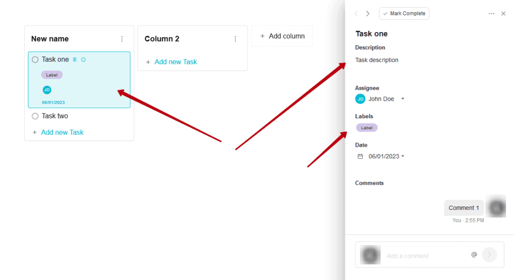 Click the name of the task to open it in a detailed view. Next, you can add a description, labels, date, etc. to the task
