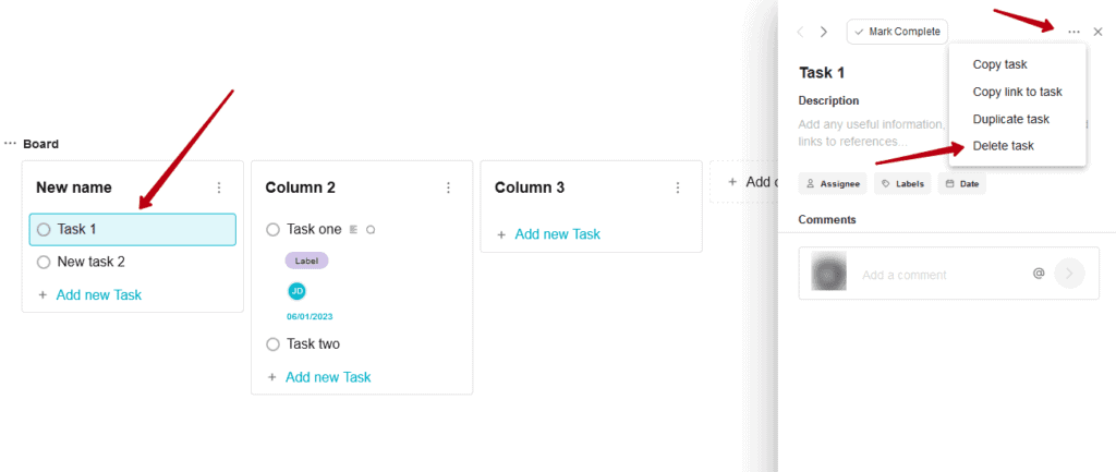 Open the task in detail view and select Delete task in the task menu