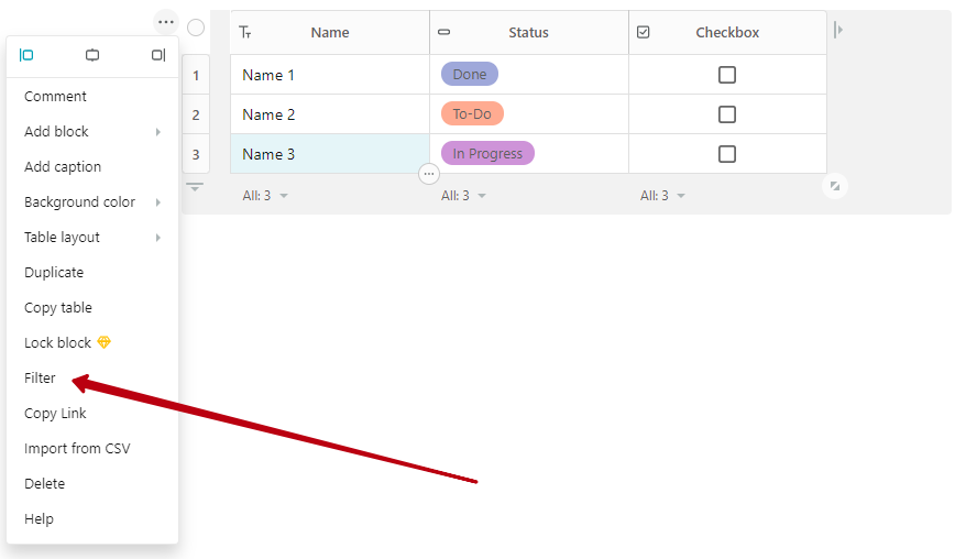 Activation through the table menu - Filter
