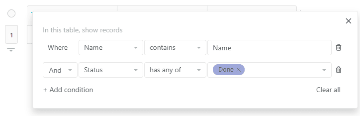 If I choose the filter AND, only rows that have a match for all the selected filters should show up. In our case, one row is: