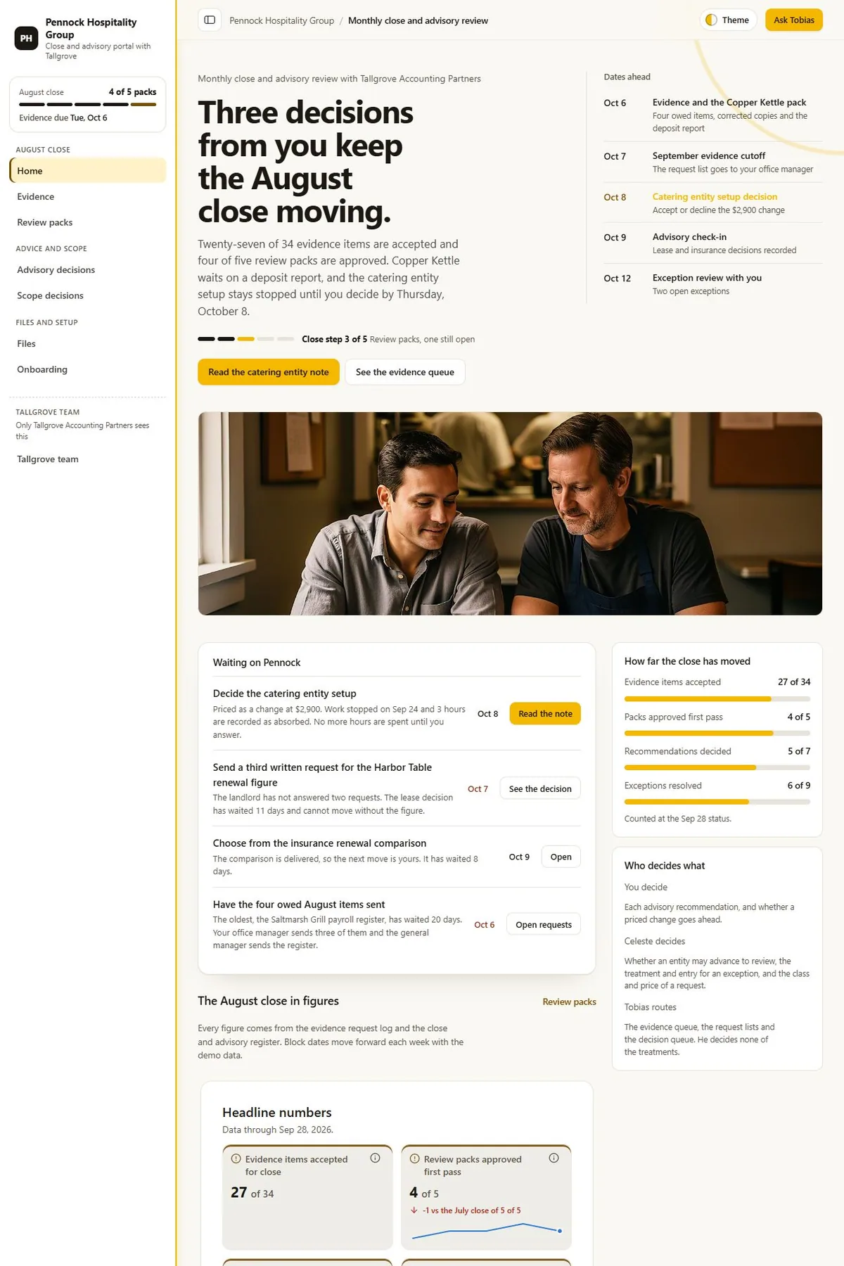 Accounting close and advisory portal in the Daylight (Light) theme