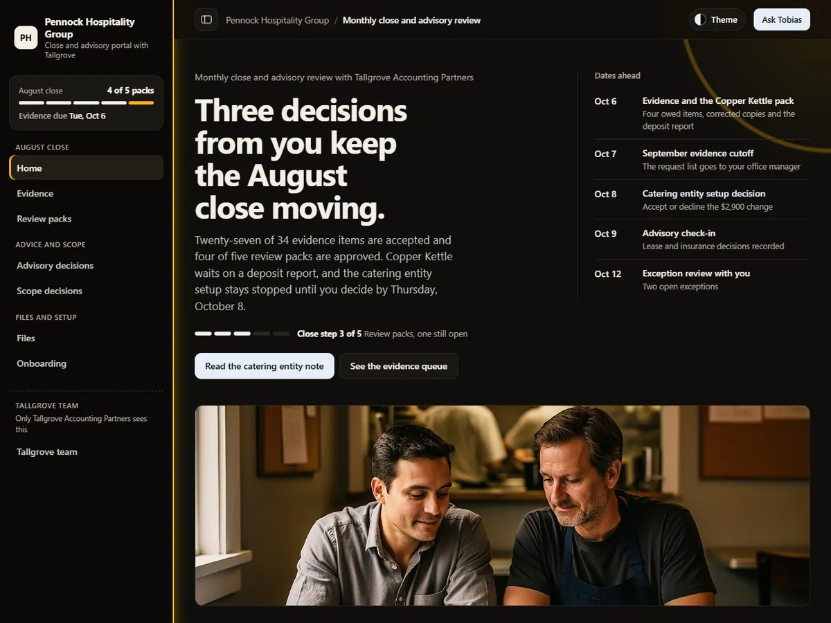 Accounting close and advisory portal in the Night neon (Dark) theme