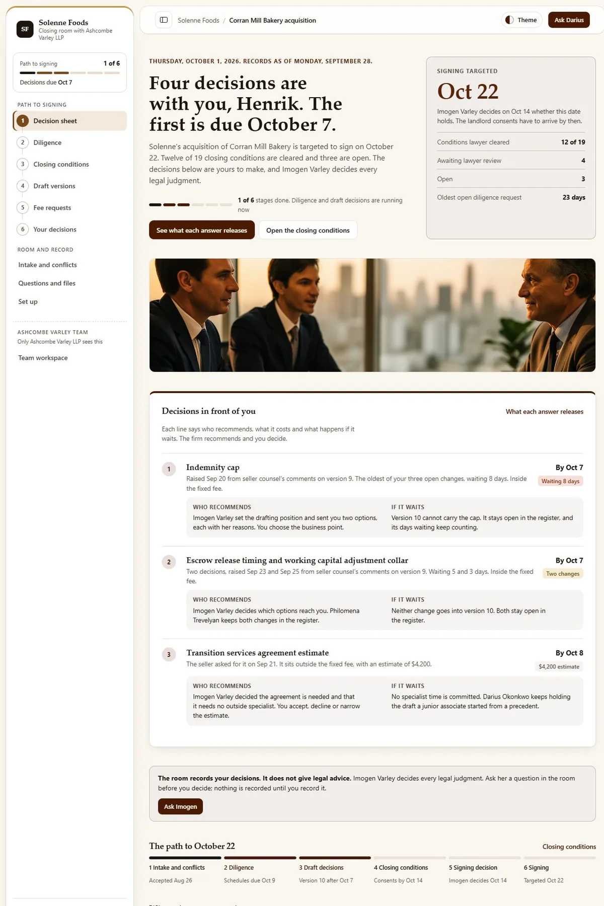 Acquisition closing room in the Cream (Light) theme