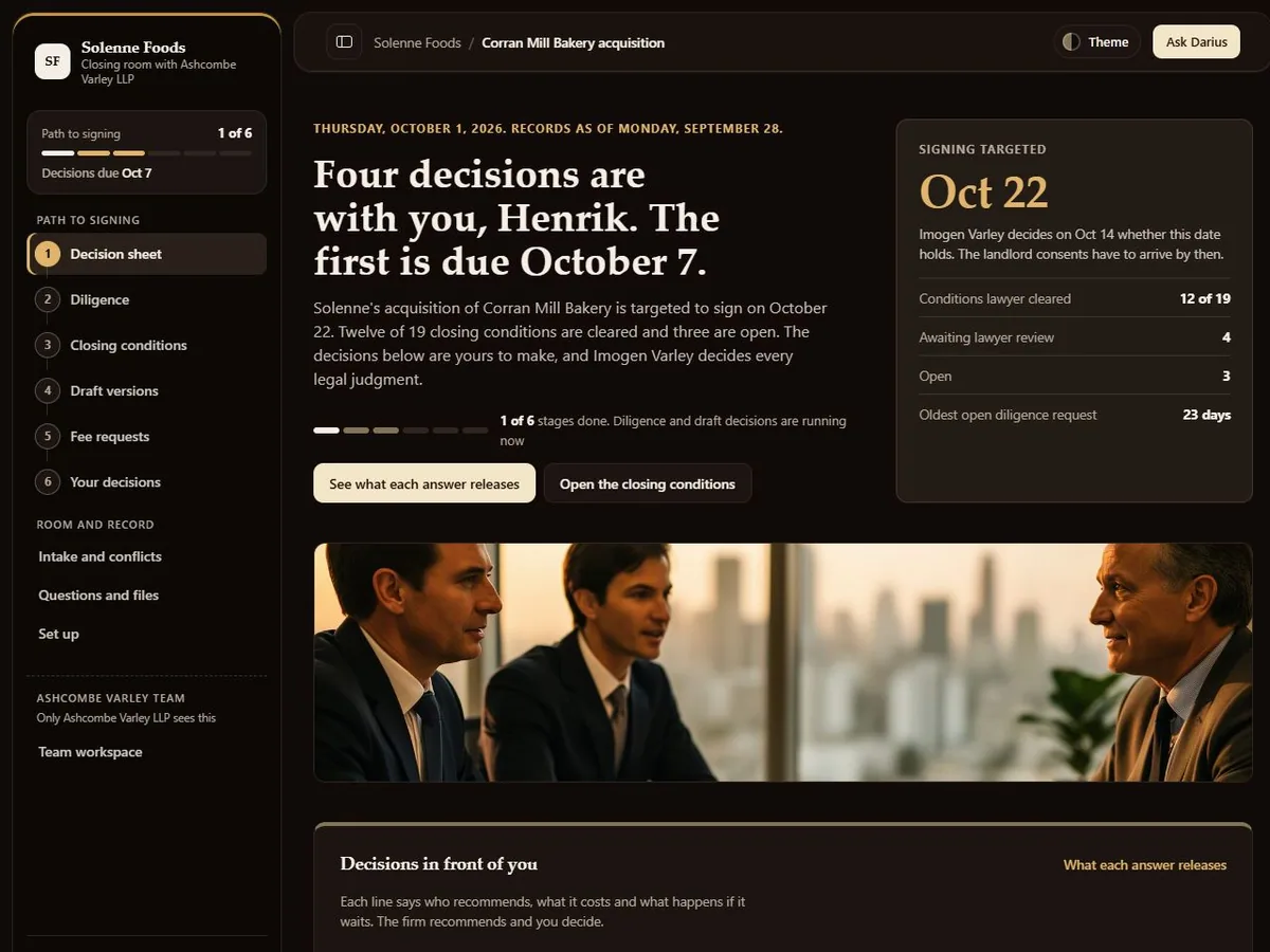 Acquisition closing room in the Cocoa (Dark) theme