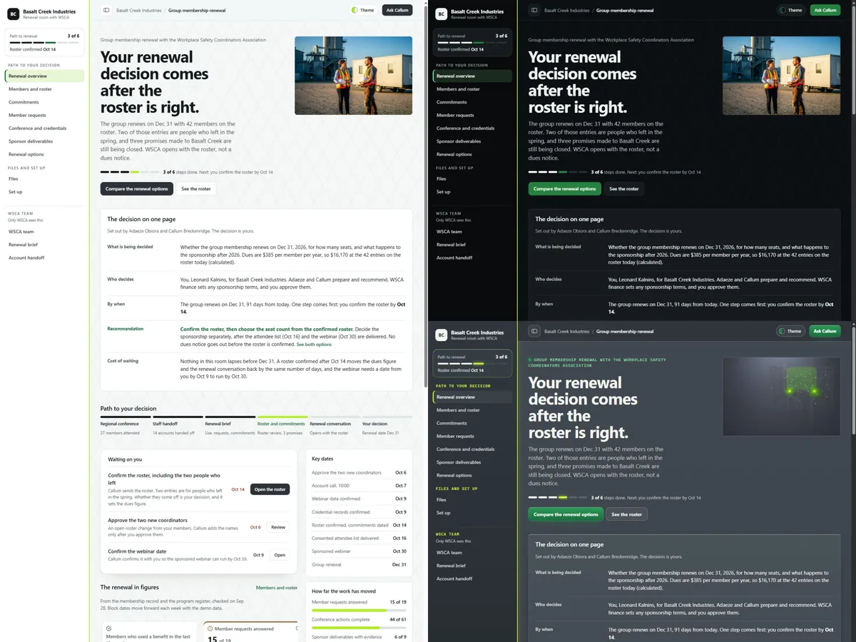 Association membership renewal room: Daylight (Light) theme on the left, After hours (Dark) top right and Geofence (Futuristic) bottom right