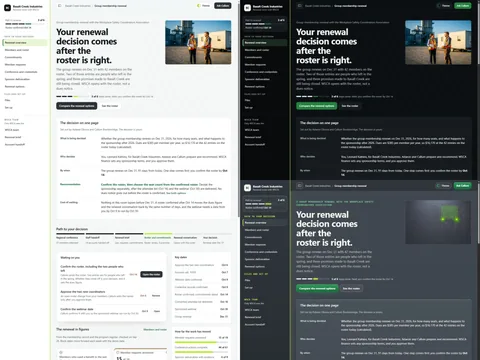 Association membership renewal room: Daylight (Light) theme on the left, After hours (Dark) top right and Geofence (Futuristic) bottom right