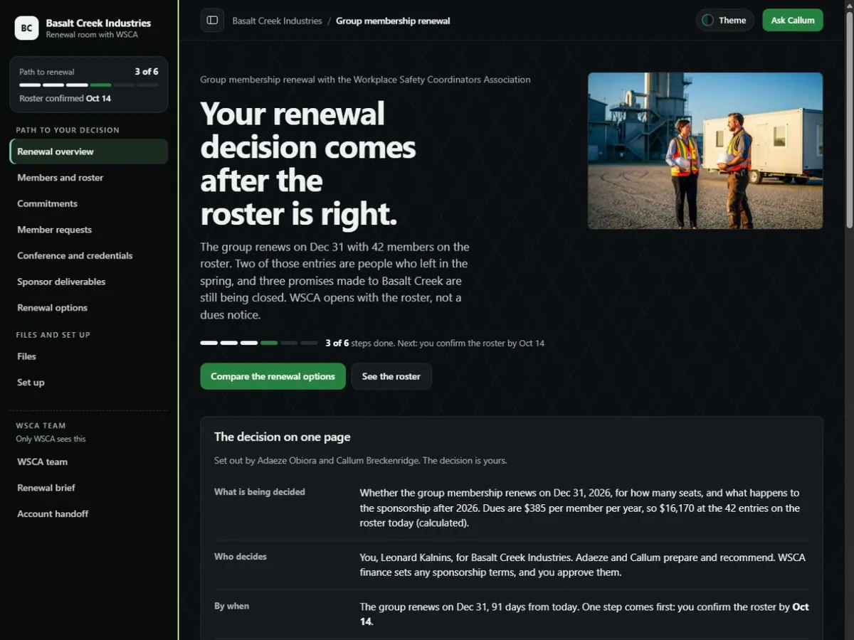 Association membership renewal room in the After hours (Dark) theme