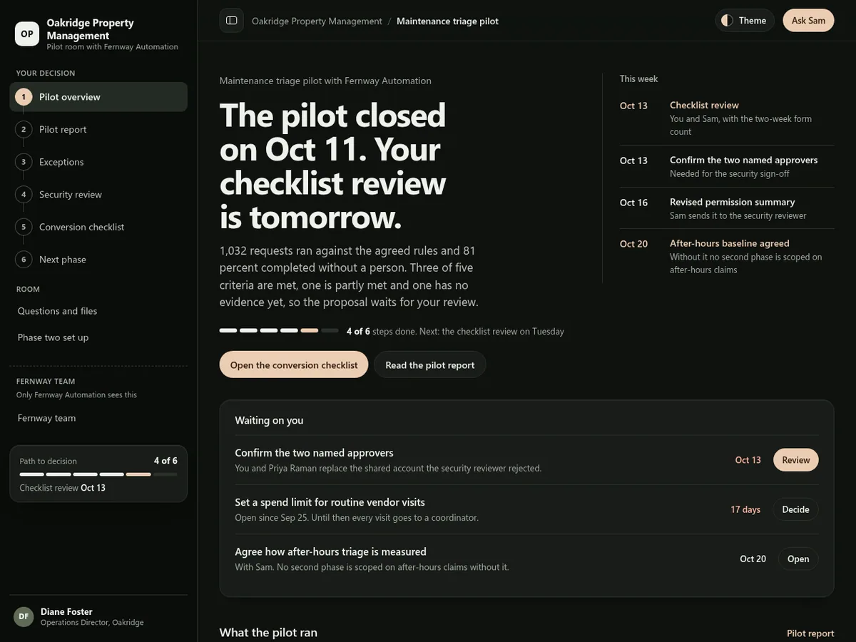 Automation pilot decision room in the Evening (Dark) theme