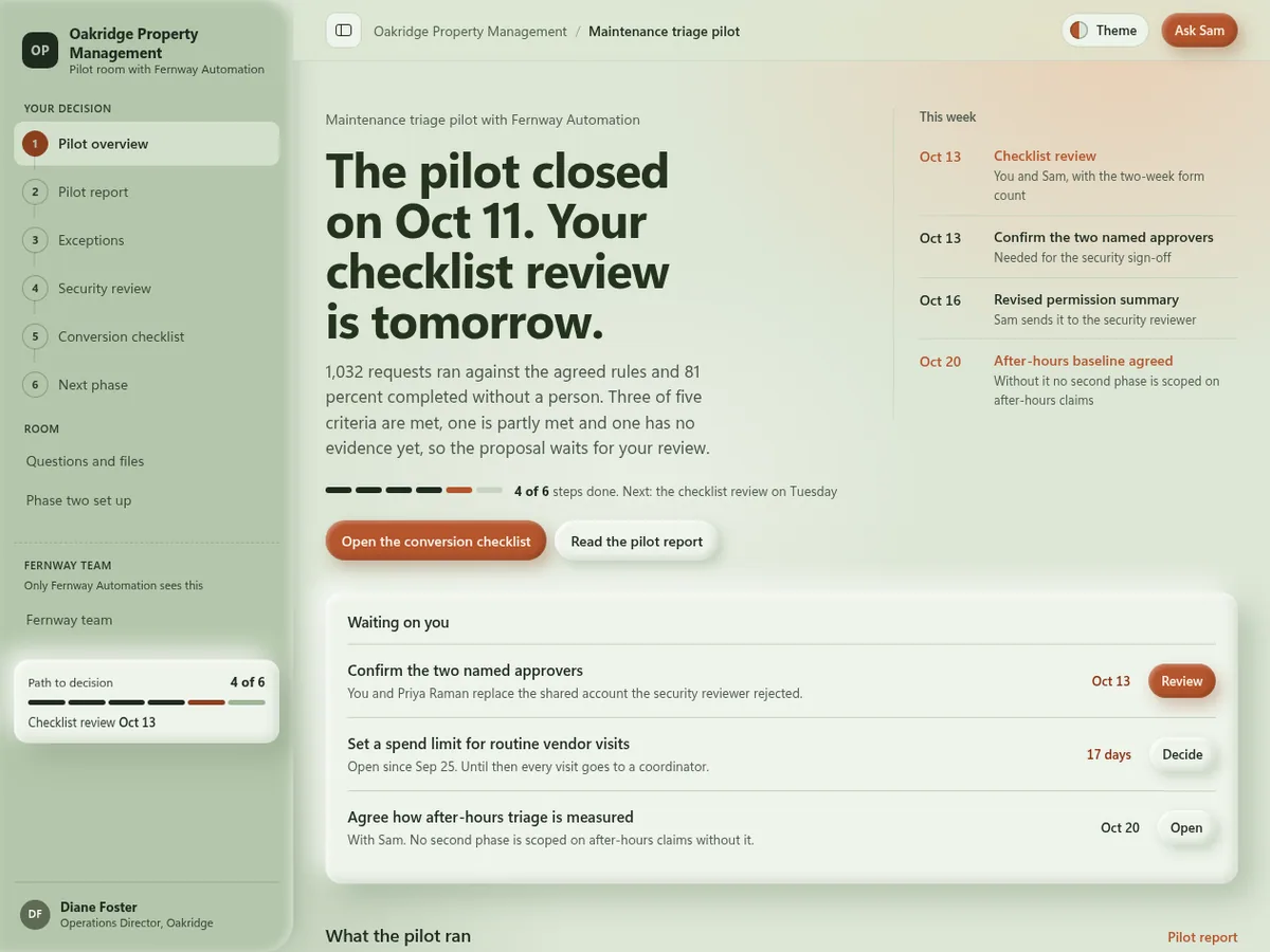 Automation pilot decision room in the Sage clay (Futuristic) theme