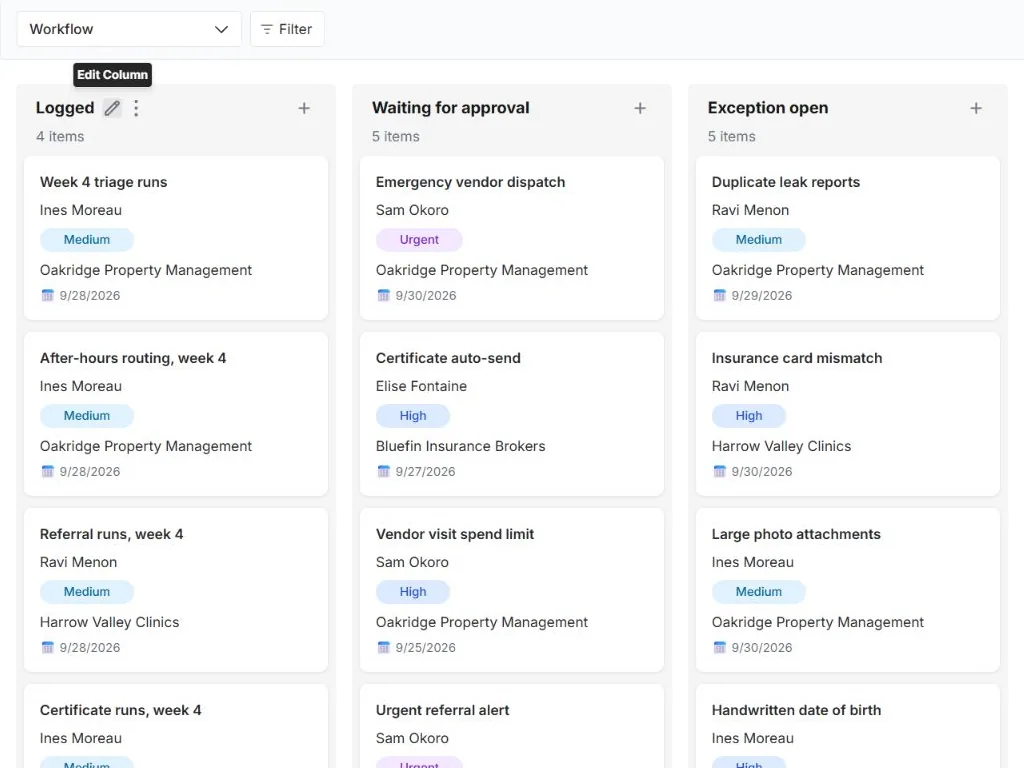 Automation pilot run and exception log: actual workflow board with populated status columns