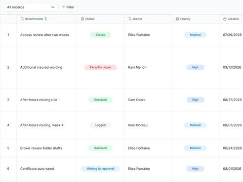 Automation pilot run and exception log: populated all-records table with status, owner and priority fields