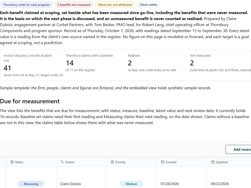 Screenshot of the Benefits realization review document page