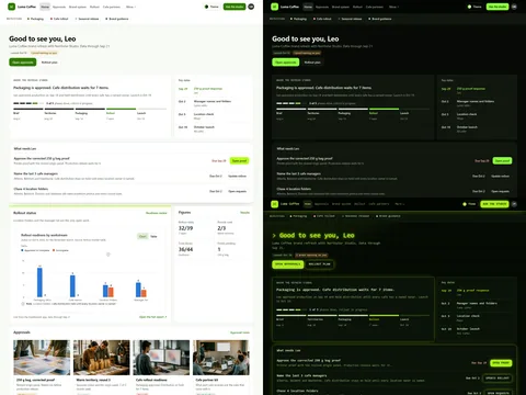Brand studio client portal: Lab (Light) theme on the left, Terminal (Dark) top right and Toxic (Futuristic) bottom right