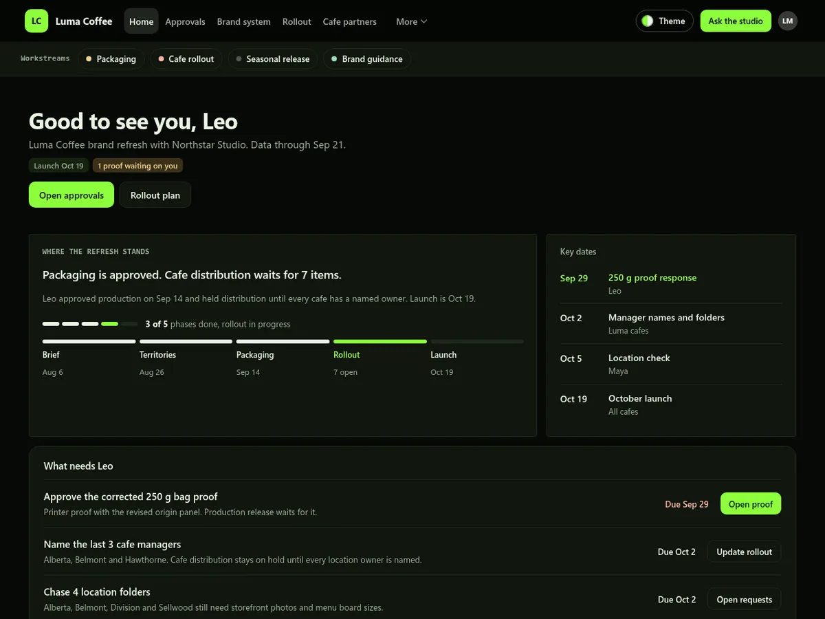 Brand studio client portal in the Terminal (Dark) theme